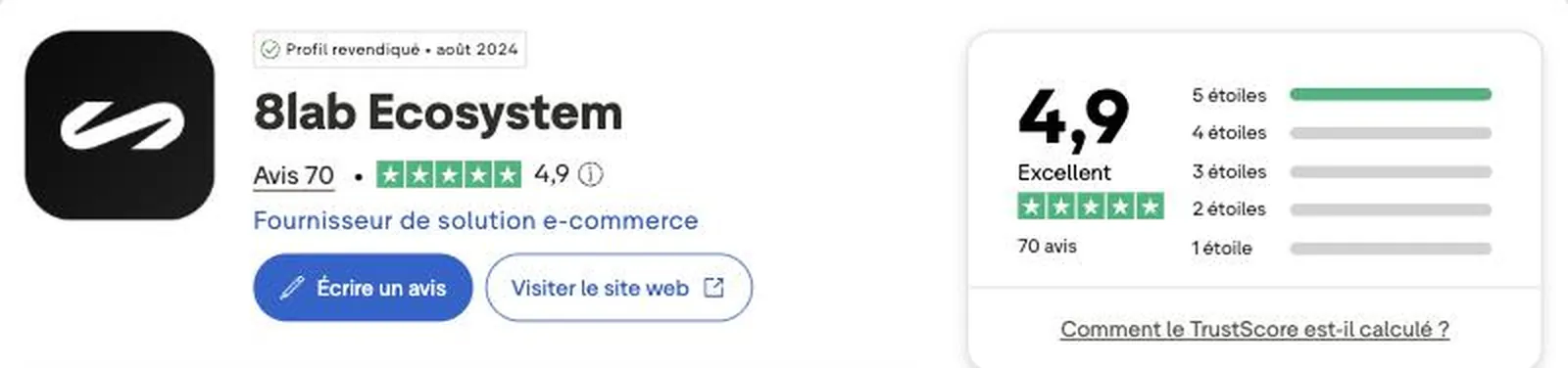 Avis 8Lab Ecosystem sur Trustpilot : note de 4,9 sur 5 pour 70 avis