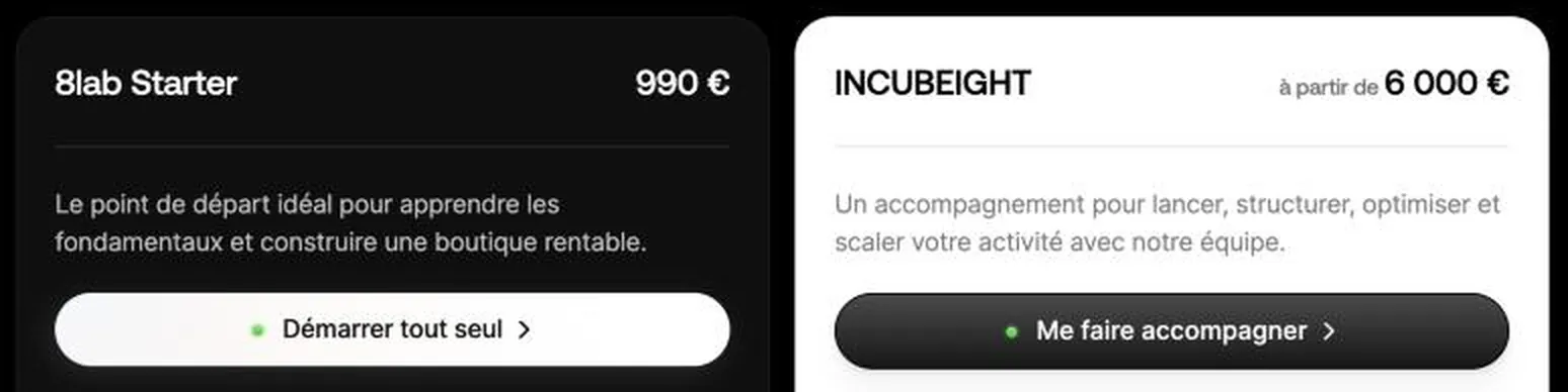 Prix du 8Lab en 2026 : 8Lab Starter à 990 € et INCUBEIGHT à partir de 6 000 €, capture du site officiel
