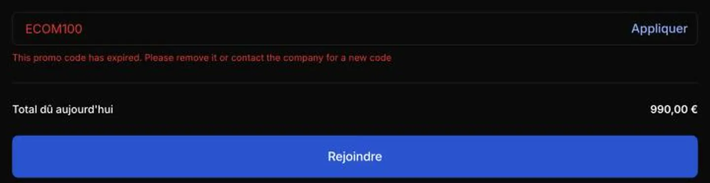 Ancien code promo 8Lab ECOM100 expiré sur la page de paiement
