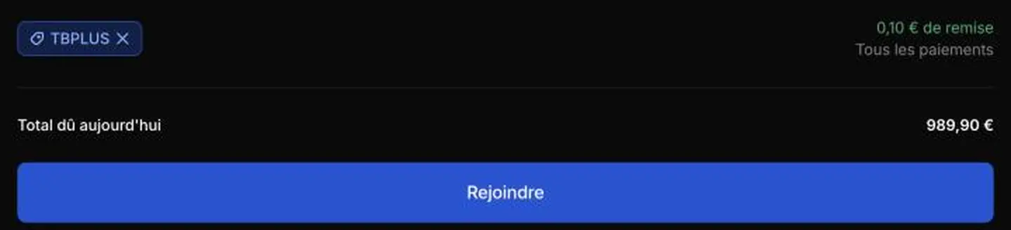 Code promo 8Lab TBPLUS accepté sur la page de paiement, total 989,90 €